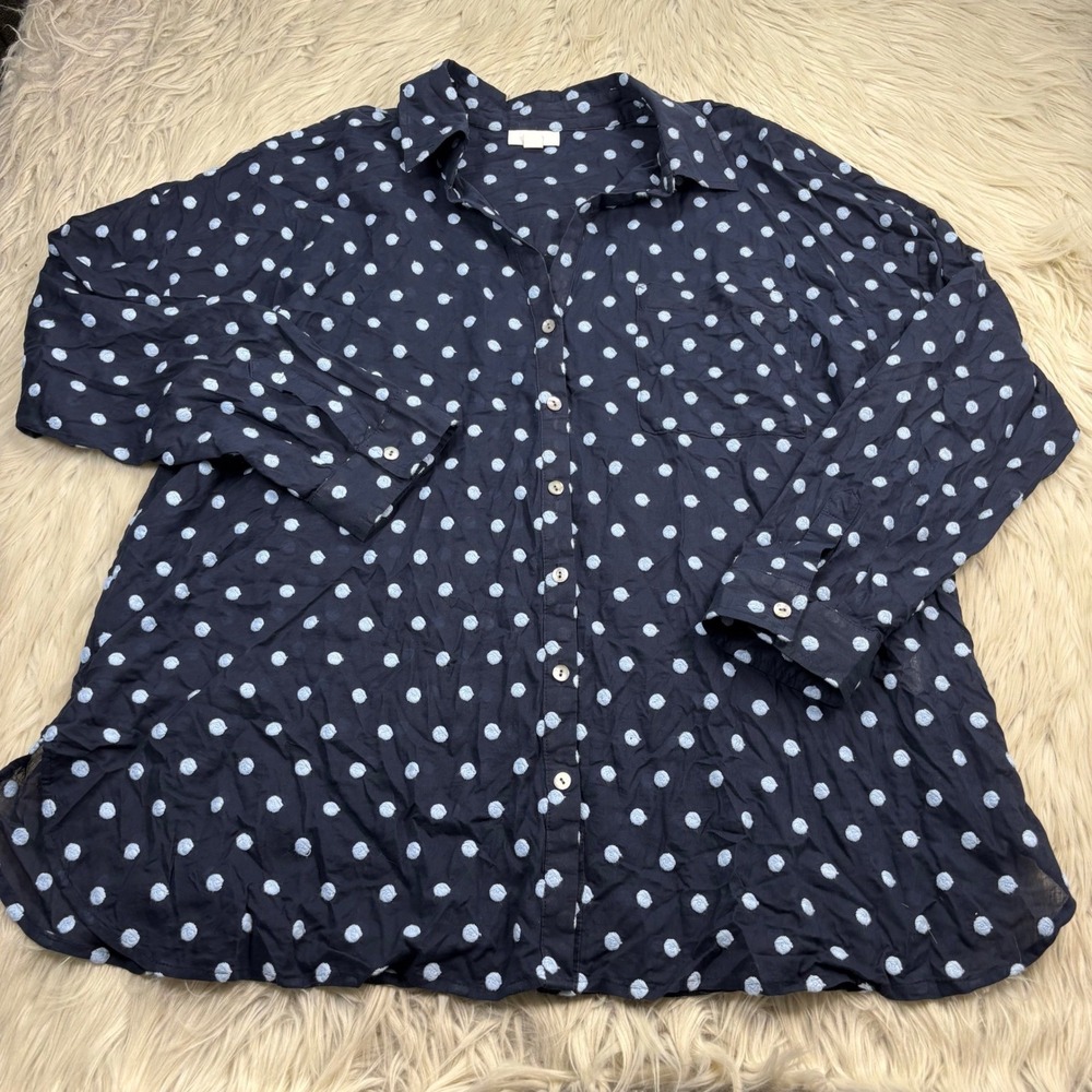 J. Jill Women's XL Navy Embroidered Polka Dot Button Front Blouse Top Dopamine